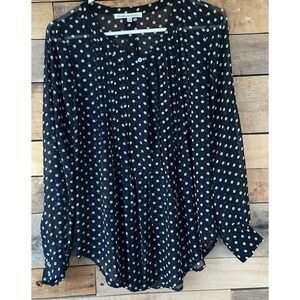 Daniel Rainn M Blouse Sheer Polka Dot Roll Tab Sleeve Pleated Front Romantic